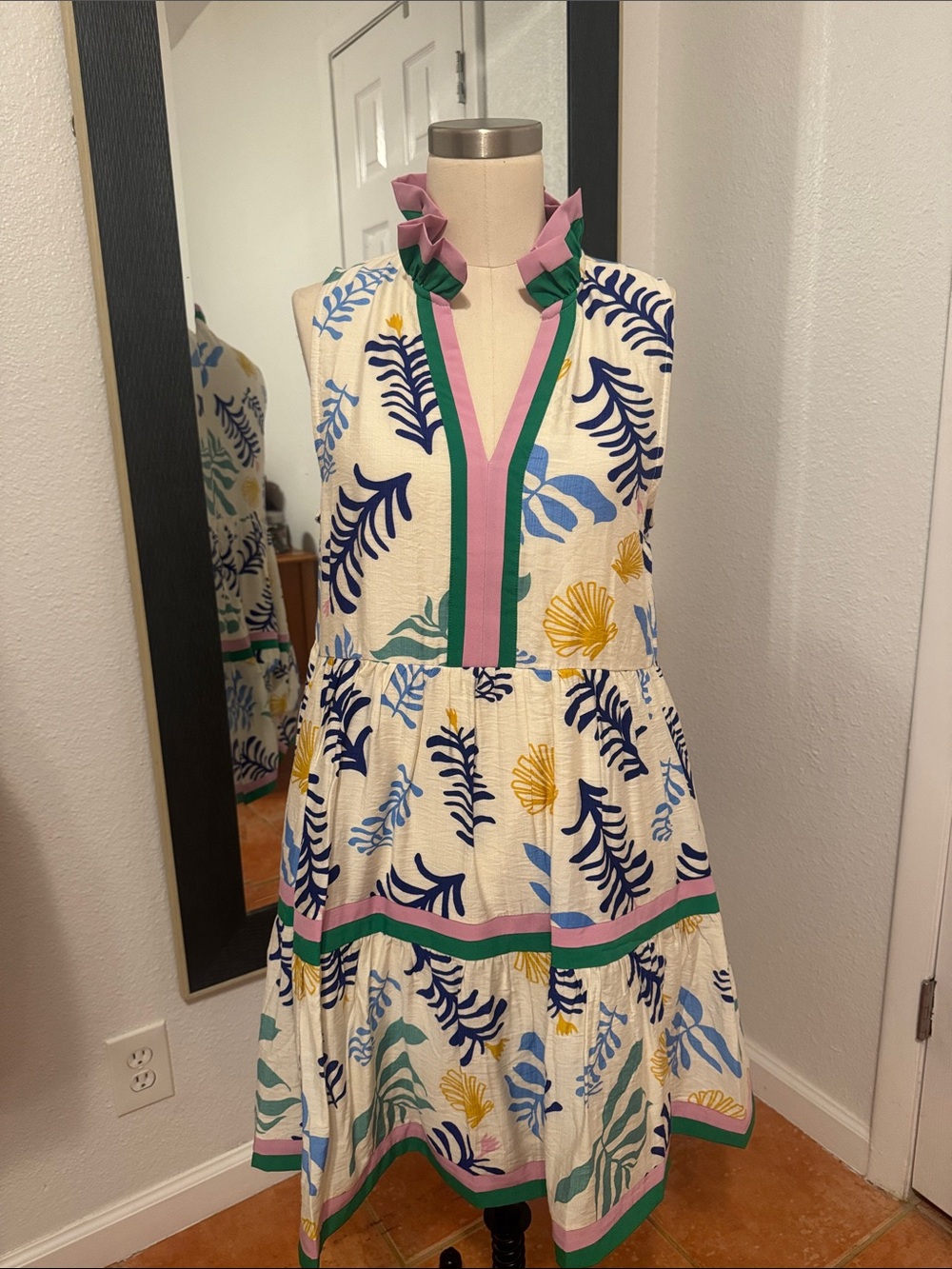entro White Floral Print Mini Dress with Blue, Green & Yellow Accents
